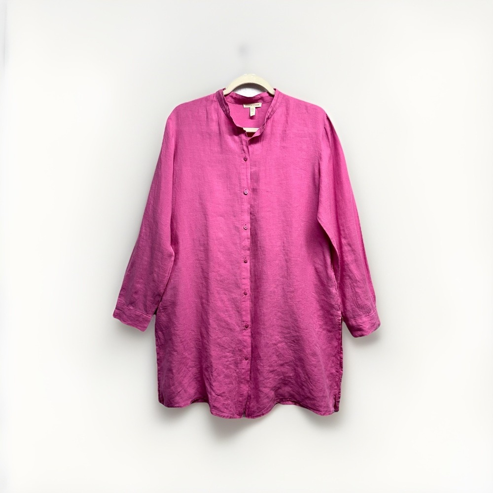 Eileen Fisher Organic Linen Tunic Shirt S Pink  Band Tulip Collared Long Sleeve